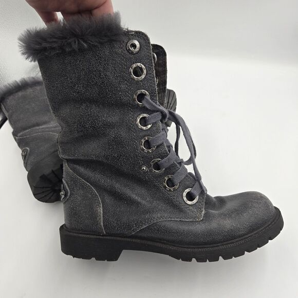 Bearpaw Kayla II Combat Boots Sheep Skin  7 Grey Shimmer Fur Lined Plaid Accents - Picture 1 of 15
